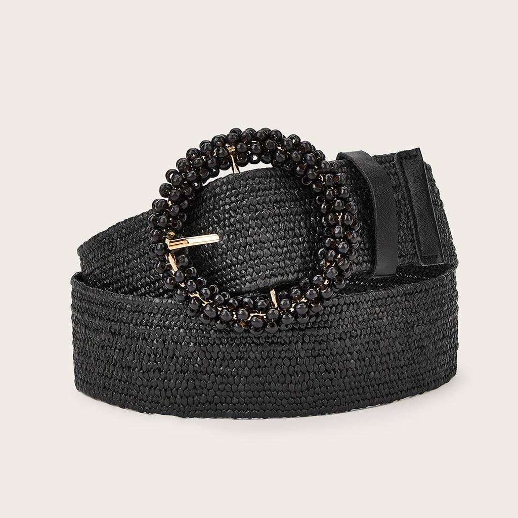 Simple Solid Color Bead Ring Buckle Decoration Women Casual Woven Belt For Boho Dresses