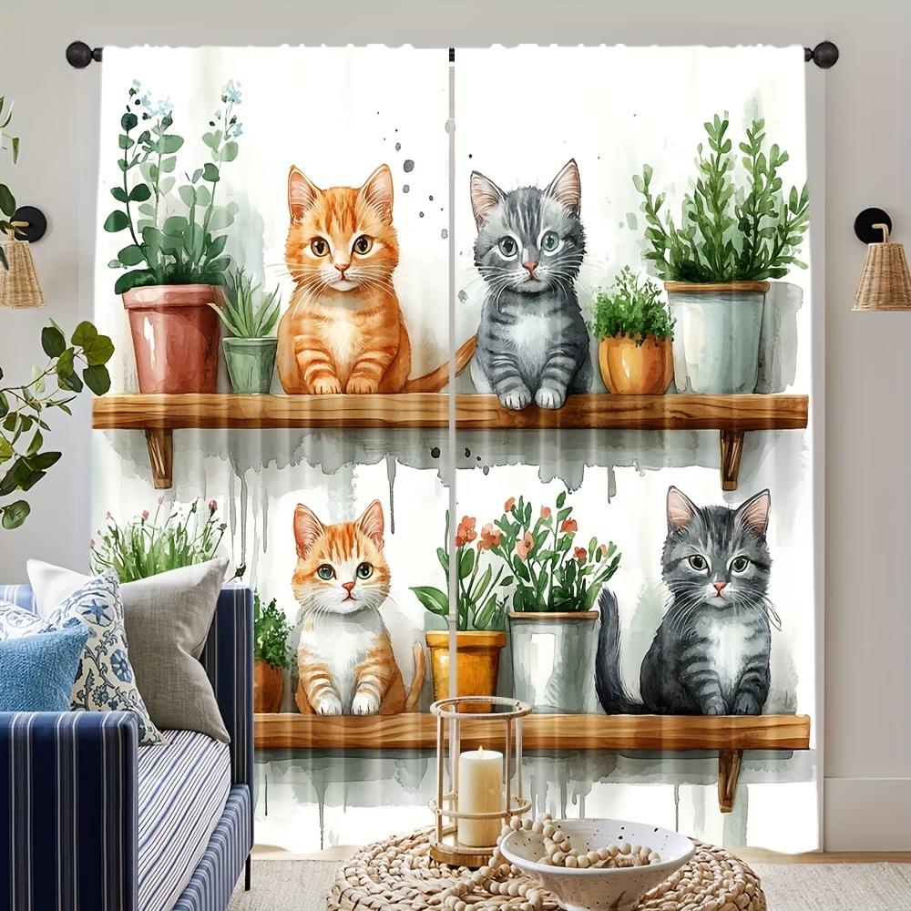 2PCS Digital Printed Curtains, Cat In Flower Pot Cute Kitty Botanical, Window Treatments for Living Room Bedroom Home Decoration