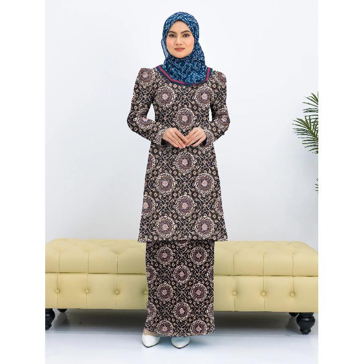 Summer new army green floral print pattern Kurung Pahang women Muslim suit comfortable and elegant women Eid wear women two piece suit