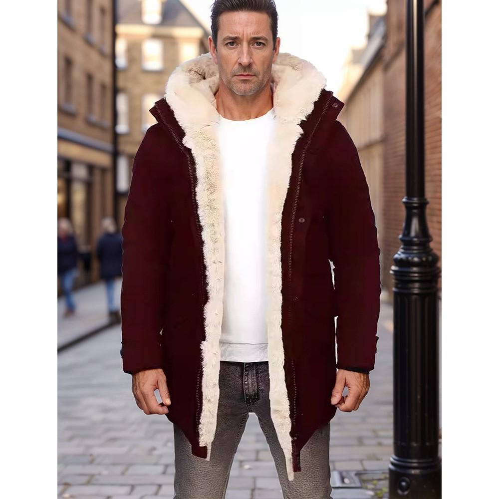 Cappotto da uomo con cappuccio in ecopelle foderato in shearling - Giacca Autunno/Inverno