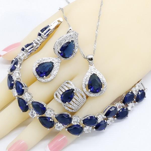 Royal Blue Semi-Precious  Color Bridal Jewelry Sets For Women Bracelet Hoop Earrings Necklace Pendant Rings Gift Box