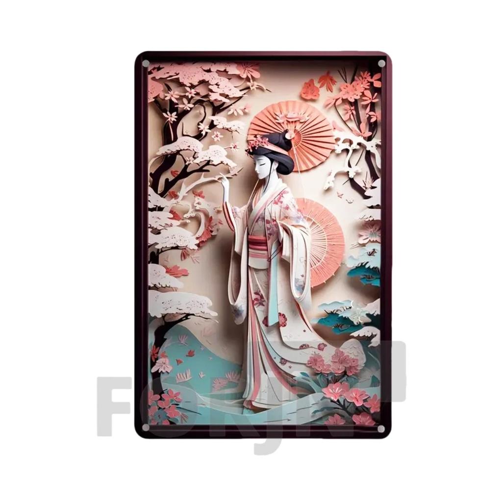 2D Japanisches Kunstposter Kimono Kirschblüten, elegantes Retro Geisha Metallschild, Zuhause, Zimmer, Büro, Izakaya, Café, Studio Wanddekor