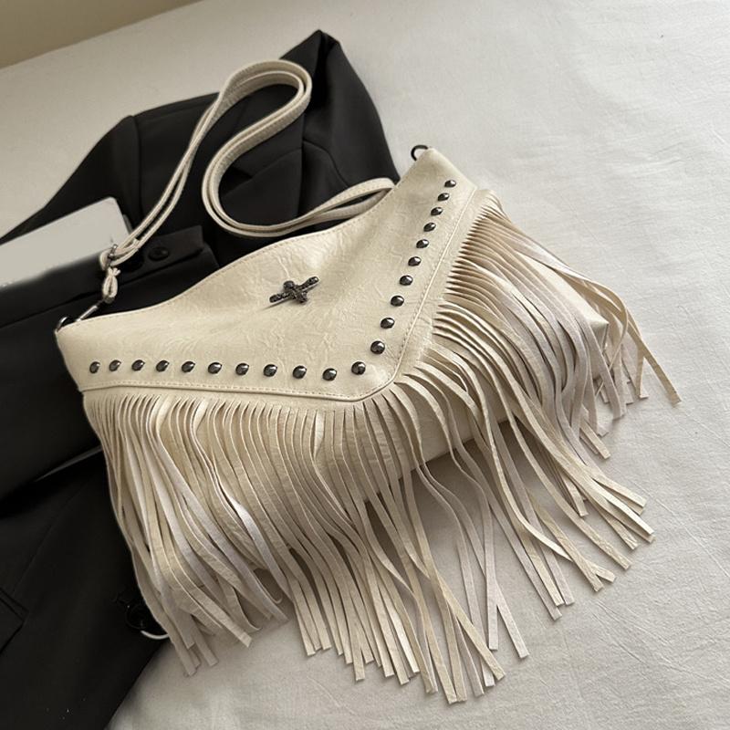 Mode Vintage Leder Umhängetasche Boho Stil Schultertasche Quaste Niete Kreuz Dekor Quadratische Geldbörse Lässige Messenger Bag CLE