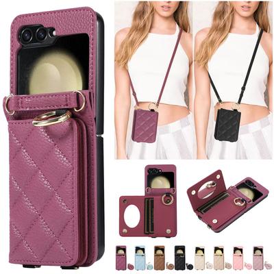 Funda de cuero tipo bandolera para teléfono Samsung Galaxy Z Flip 5 4, funda tipo billetera con 3 anillos para tarjetas, Flip5, Flip4, Flip3, bolso con cordón