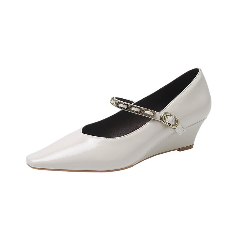 Fashion Spring New Slope Heel Shoes for Women Square Head Shallow Mouth Metal Chain Soft Sole Anti-slip Wear-resistant Single Shoes