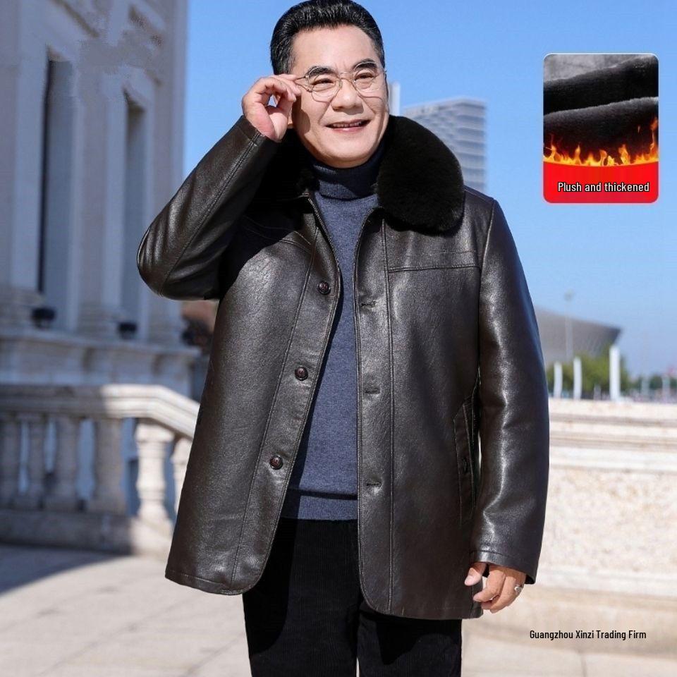 Men's Winter Leather Jacket with Fur Collar: Fleece-Lined, Thick Overcoat for Ages 50-60, Button-Up Style for Warmth.