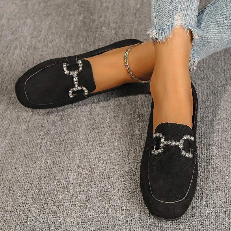 Fashion 2024 Brand Slip on Women's Flats Autumn Square Toe Solid Flock Metal Decoration Low-heeled Casual Shoes