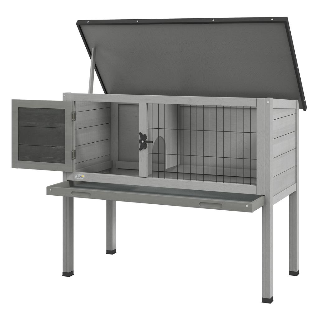 Raised Outdoor Wooden Rabbit Hutch with Opening Roof and Removable Tray, 84x43x70cm, Grey