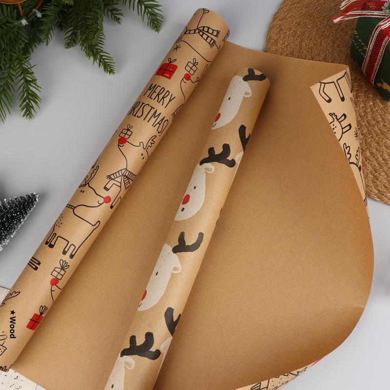 Christmas Gift Wrapping Paper Kawaii Cute Reindeer Wrapping Paper Kraft Paper Xmas Party Favors Decoration Handmade Gifts