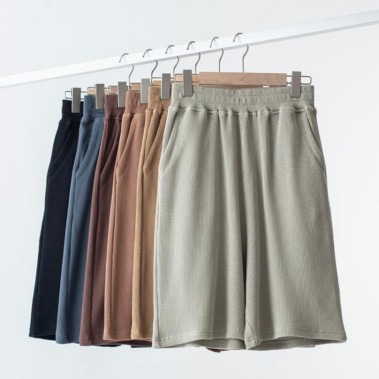 Men's Solid Color Cotton Casual Wear Elastic Waist Spring Summer Sport Capris Shorts Pants Waffler Overalls Pocket Drying Quick