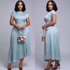 2026 Summer New European and American Cross-border Women's Fashionable Elegant Round Neck Short Sleeve Pleated Slim Mid-Length Dress