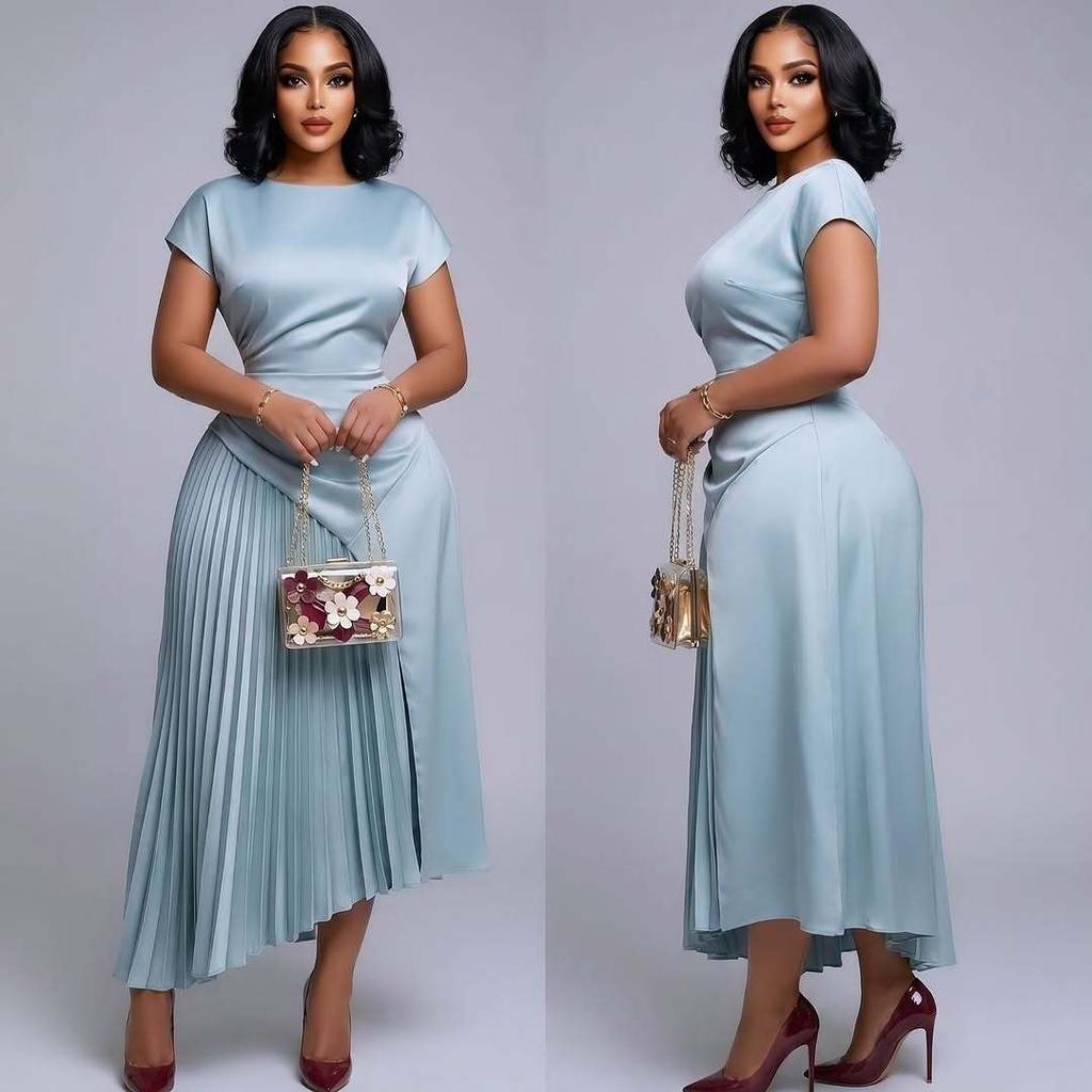 2026 Summer New European and American Cross-border Women's Fashionable Elegant Round Neck Short Sleeve Pleated Slim Mid-Length Dress