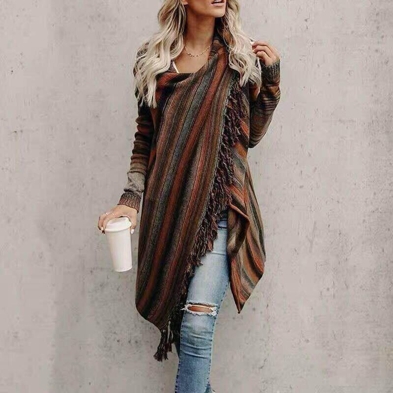 Europäischer & Amerikanischer Mittellanger Schlanker Modischer Quasten-Streifen Cardigan Pullover für Damen