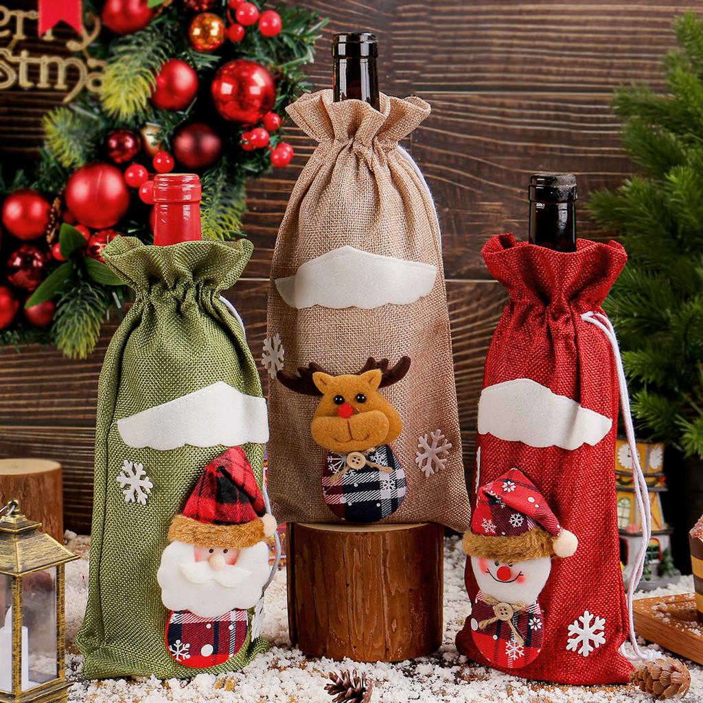 Christmas Linen Old Man Figurine Wine Bottle Cover Holiday Hotel Dining Table Cartoon Three-dimensional Drawstring Wine Bag Decoration