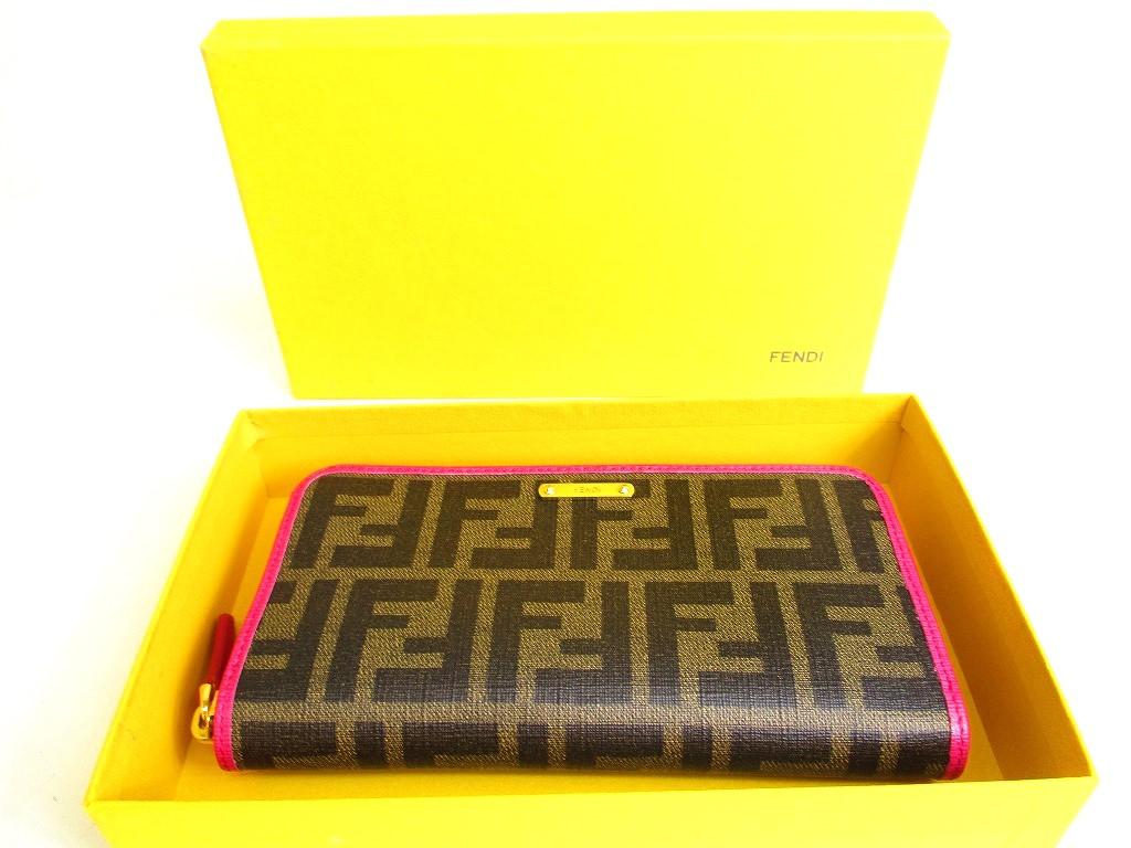 Authentic FENDI Zucca Khaki Canvas Shocking Pink Leather Round Zip Long Wallet #a221  Refurbished