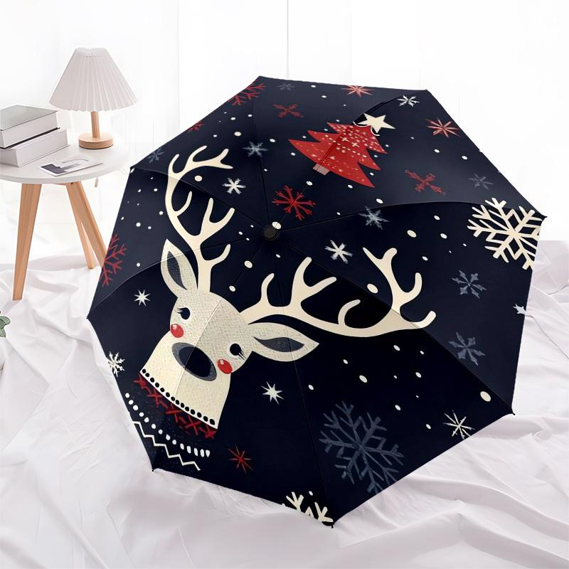 1pc Christmas Deer with Snowflakes and Tree Umbrella with Plastic Handle, Suitable for All Seasons Outdoor PT380