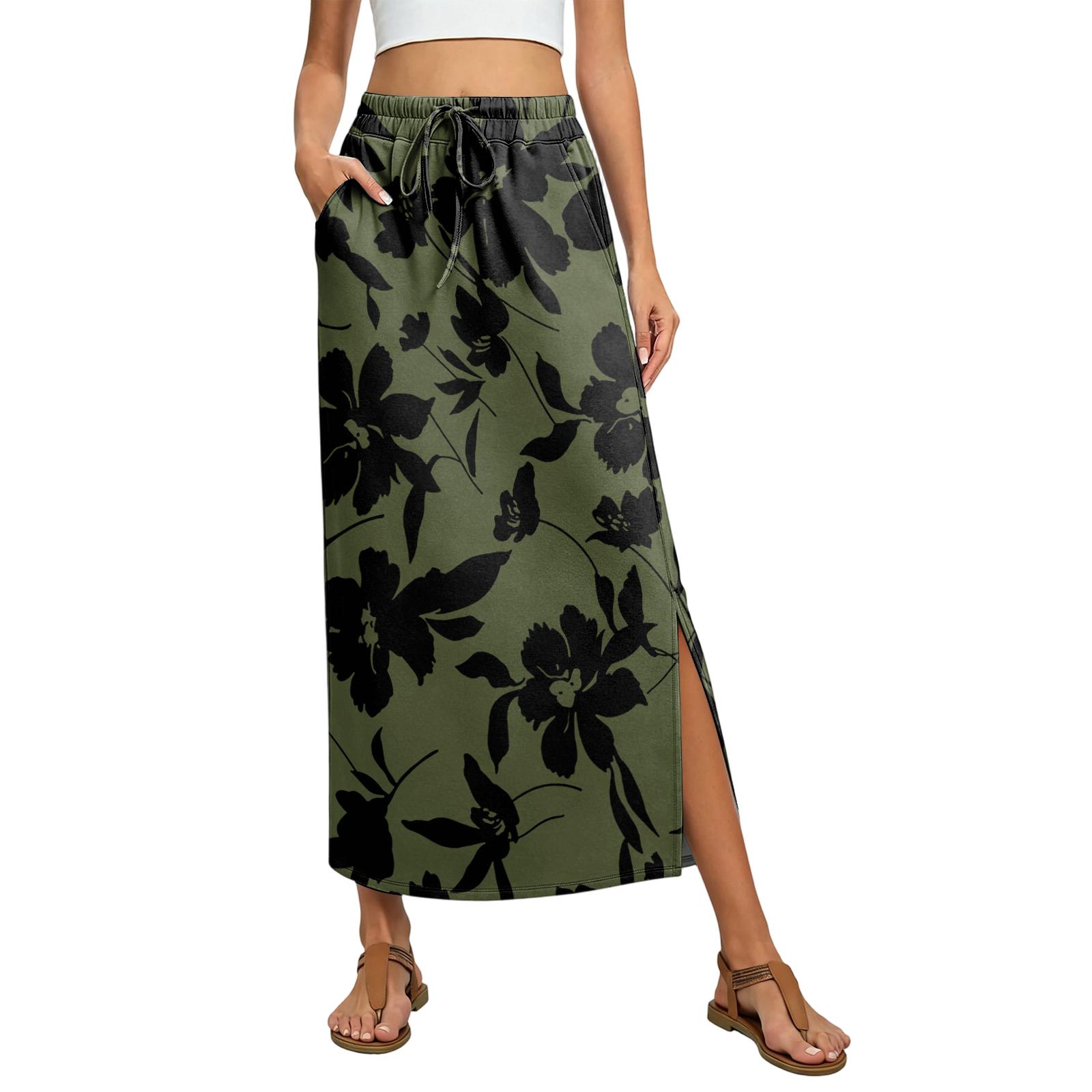 Ladies  floral elastic waist drawstring pocket skirt L