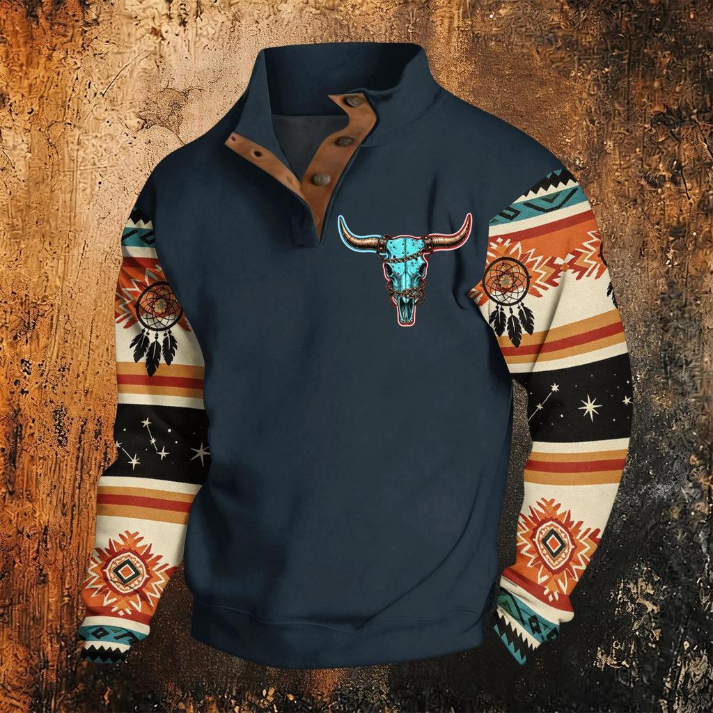 Men's Print Hoodie, Western Long Sleeve Pullover Sweatshirt with Pattern