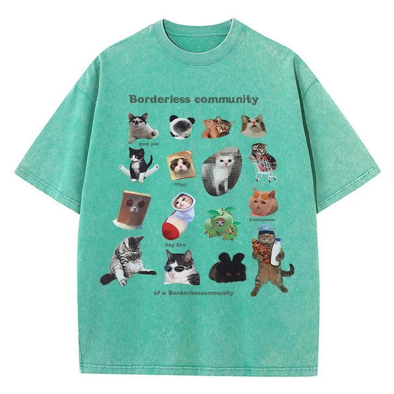 Cotton Washed T-Shirts Fashion Loose O-Neck Tees Cute Cats Picture Printing Short Sleeve Summer Street Female Clothes S разноцветный