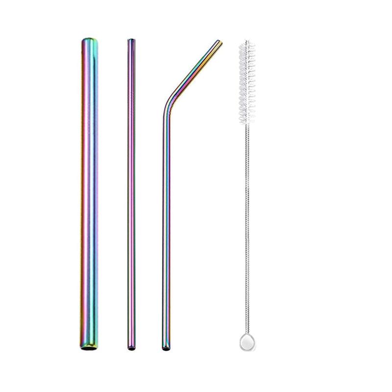 3Pcs Rainbow Color Reusable Metal Straws with Cleaning Brush 304 Stainless Steel Drinking Straws for Smoothie Milkshake Drinks