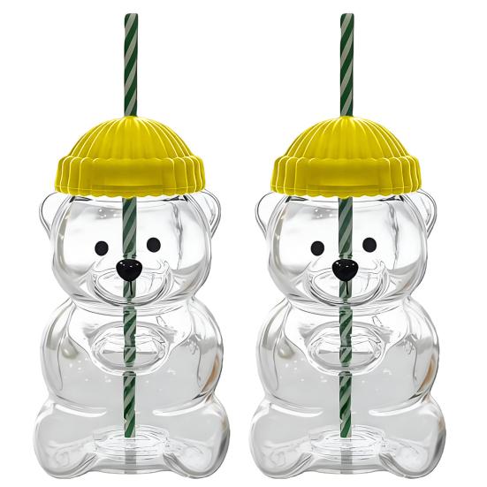 2 ks Kelímek ve tvaru medvídka s víčkem a brčkem Roztomilý nepropustný hrnek pro děti dospělé Plastový kelímek na studené nápoje na smoothie a ledovou kávu