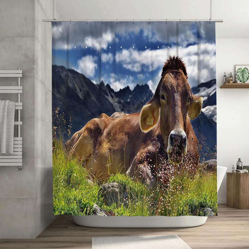 Bathroom Decor Shower Curtain Print Cow Mountain Landscape Waterproof Fabric Home Decoration Waterproof Bathroom Accessories Ani
