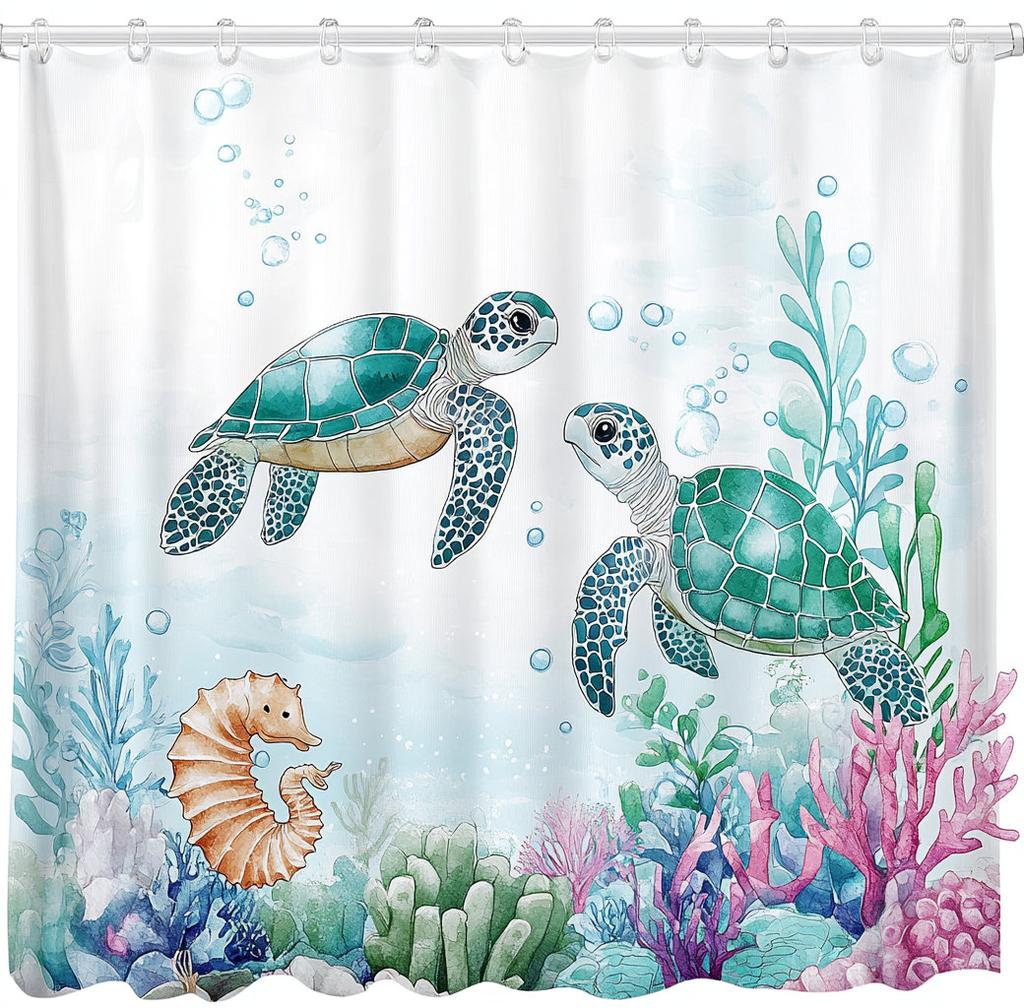 Underwater World Printed Shower Curtain With Hooks, Dolphin Sea Turtle Fish Coral Underwater Cave Ocean Bathroom Decor Curtain