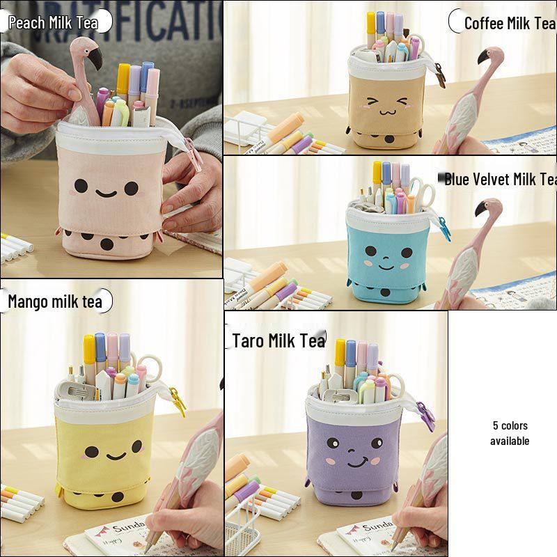 Polka Dot Milk Tea Pull-down Pencil Case with Heart and Smiley Face Design, Multifunctional Stationery Holder