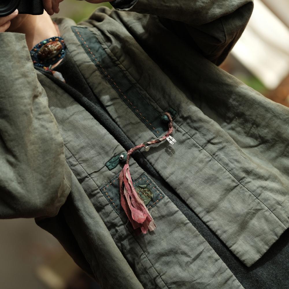 Johnature Vintage Women Patchwork V-Neck Long Sleeve Coats Autumn Single Button Coats