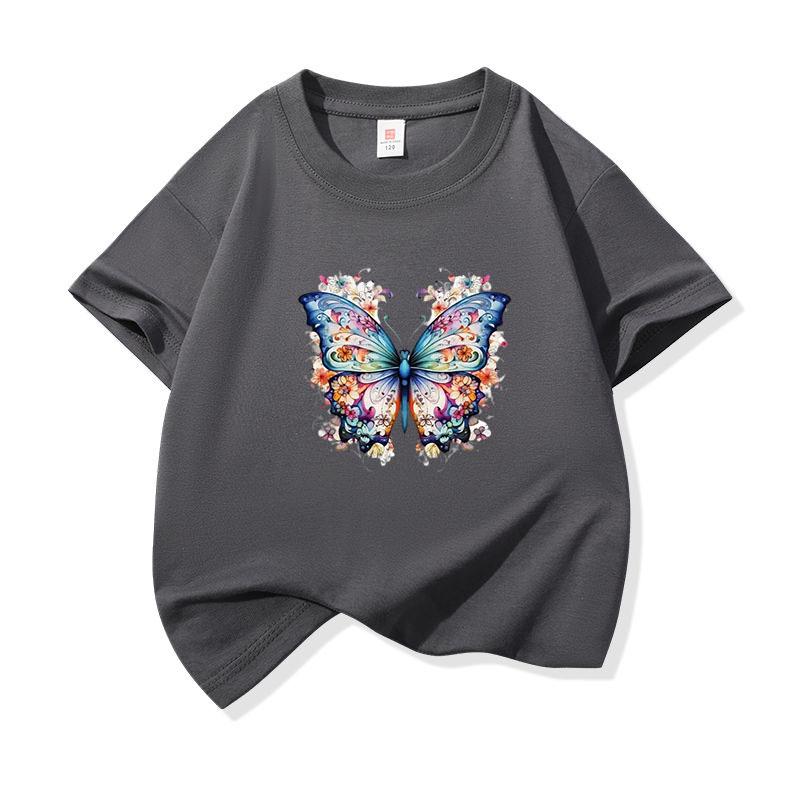 Kids Cotton T Shirt Blue Colorful Floral Butterfly Print Crew Neck Short Sleeve Tee Casual Boys Girls Summer Tops