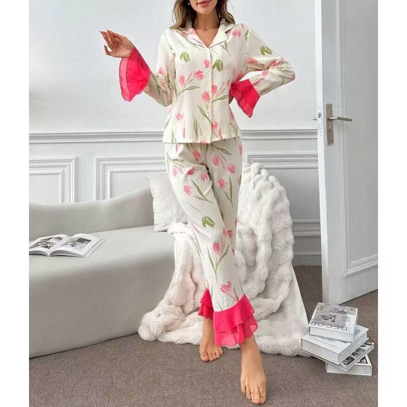 Spring & Autumn Women's Lace Trim Lapel Cardigan Pajama Set