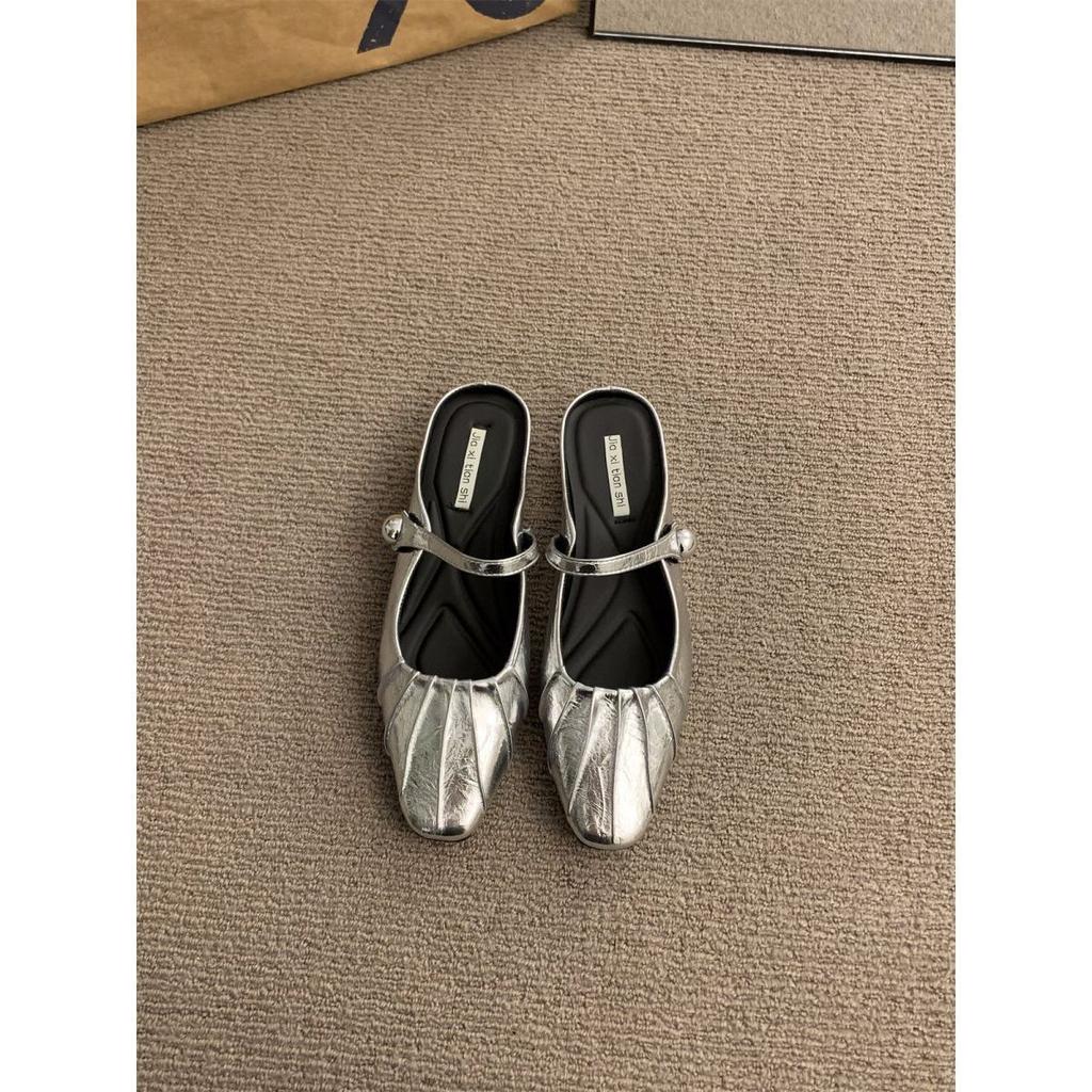 Silver bag head half slippers women's shoes wear 2025 new summer French Mary Jane half a word with single shoes