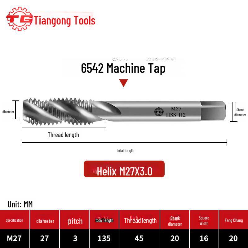 Tiangong Spiral Tap for Fine Thread Tapping (M2-M6) In Iron, Aluminum, Copper, Steel, and Stainless Steel.