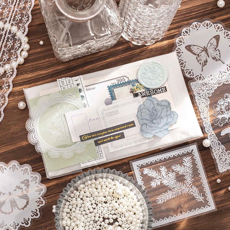 15pcs White Ink Lace Plant Flower Sticker Pack, Art Retro Style Hollow Lace Floral Journal Material, Student Diary Album DIY