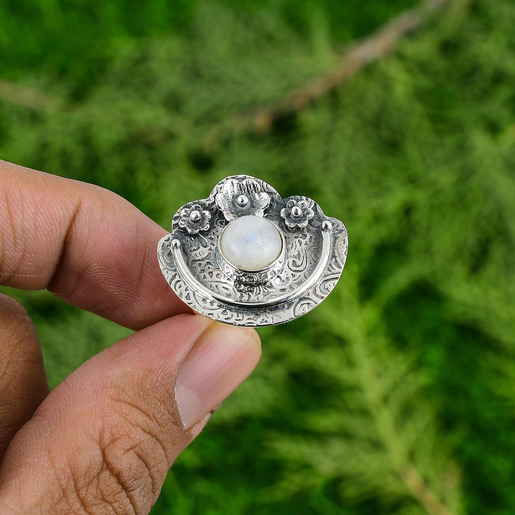 Rainbow Moonstone Gemstone 925 Silver Wedding New Solitaire Flower Ring Jewelry
