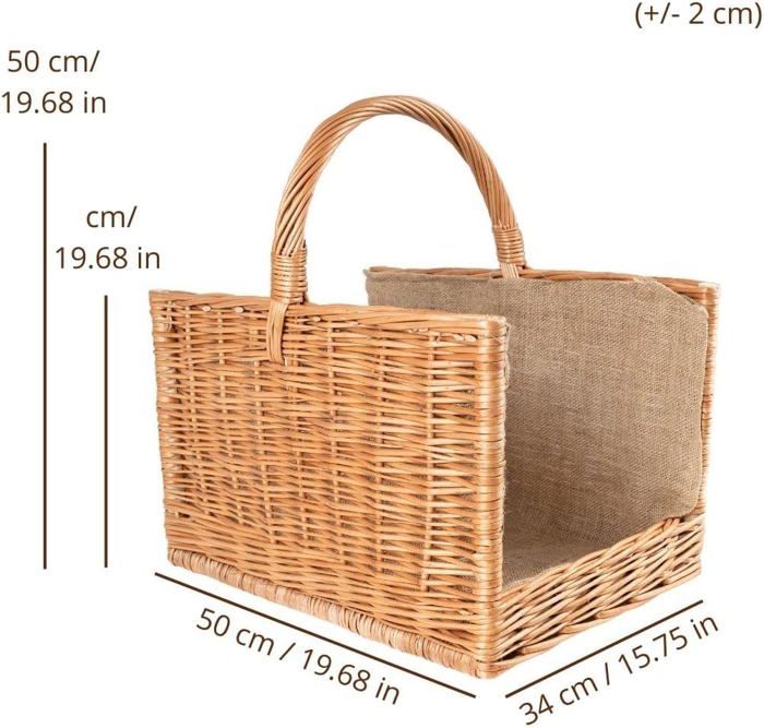 Panier en osier - CREATIVE HOME - Range buche - 50x34x50cm - Tissé à la Main - Intérieur en jute