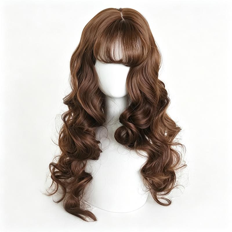 Long Wavy Brown Wig with Bangs Synthetic Women Lolita Cosplay Fluffy Natural Heat Resistant Hair Wig for Daily Party