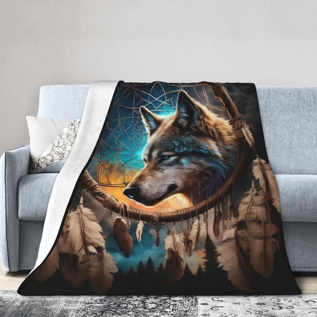 Indian totem wolf pattern digital-printed polyester Bedroom velvet flannel cover blanket Fleece soft cover blankets for beds