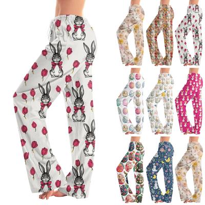 Calças de pijama femininas, roupa de dormir, casual, com cordão, cintura elástica, confortável, reta, ioga, calças soltas, Páscoa
