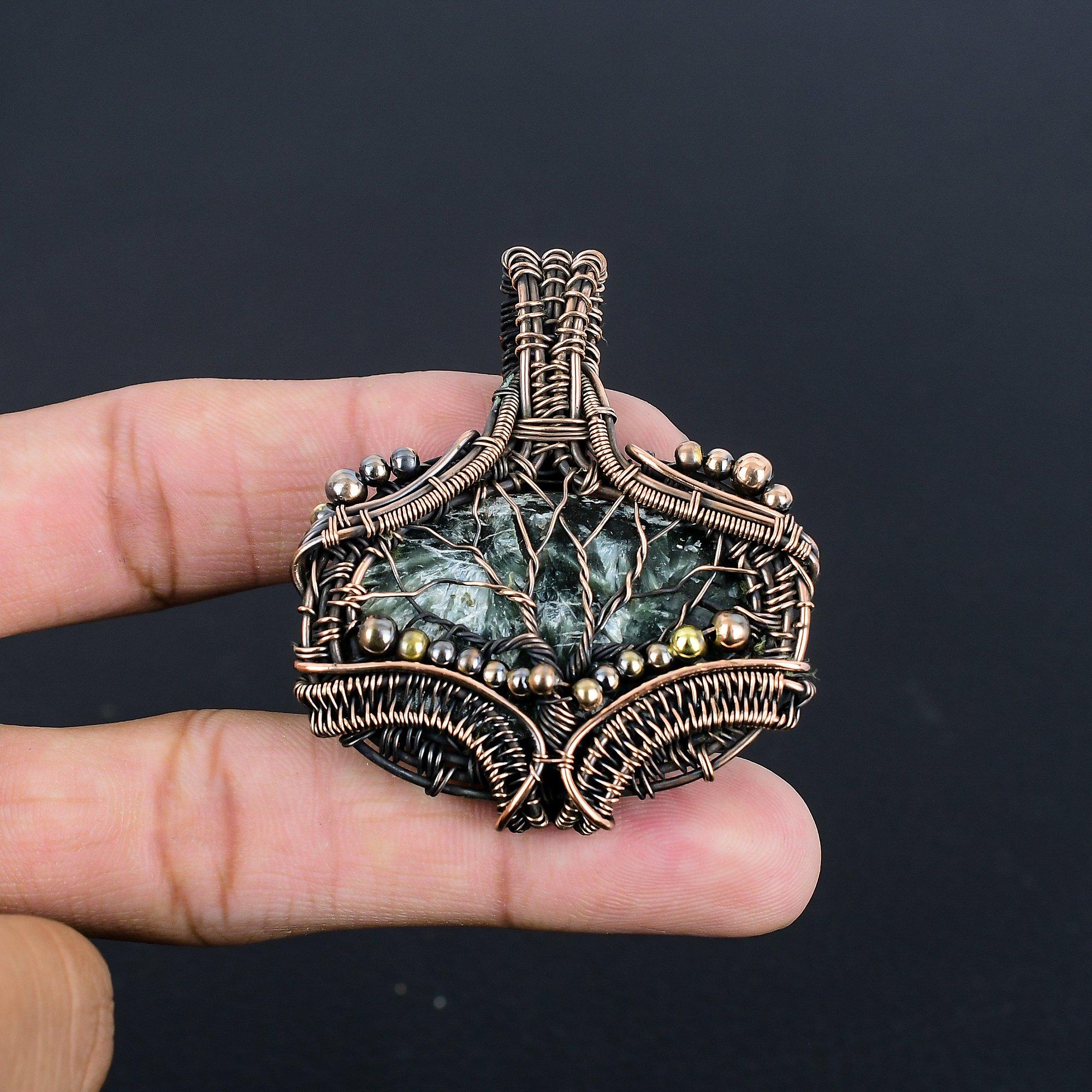 

Seraphinite Pendant, 999 Copper Wire Wrapped Gemstone Jewelry, Handmade Pendant, For Thanksgiving 2.88 Inches