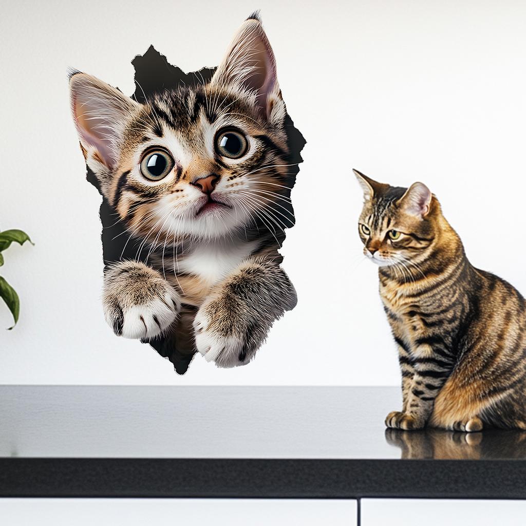 Creative Peeking Kitten Wall Stickers, 3D Breaking Wall Effect for Kids Room Living Room Decor, Removable Self-Adhesive