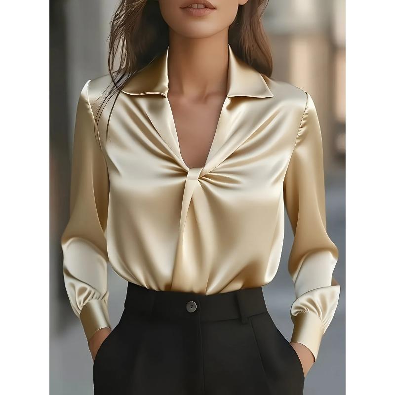 Spring Autumn Fashion Temperament Solid Colour Satin Pleated Long-sleeved Shirt for Women