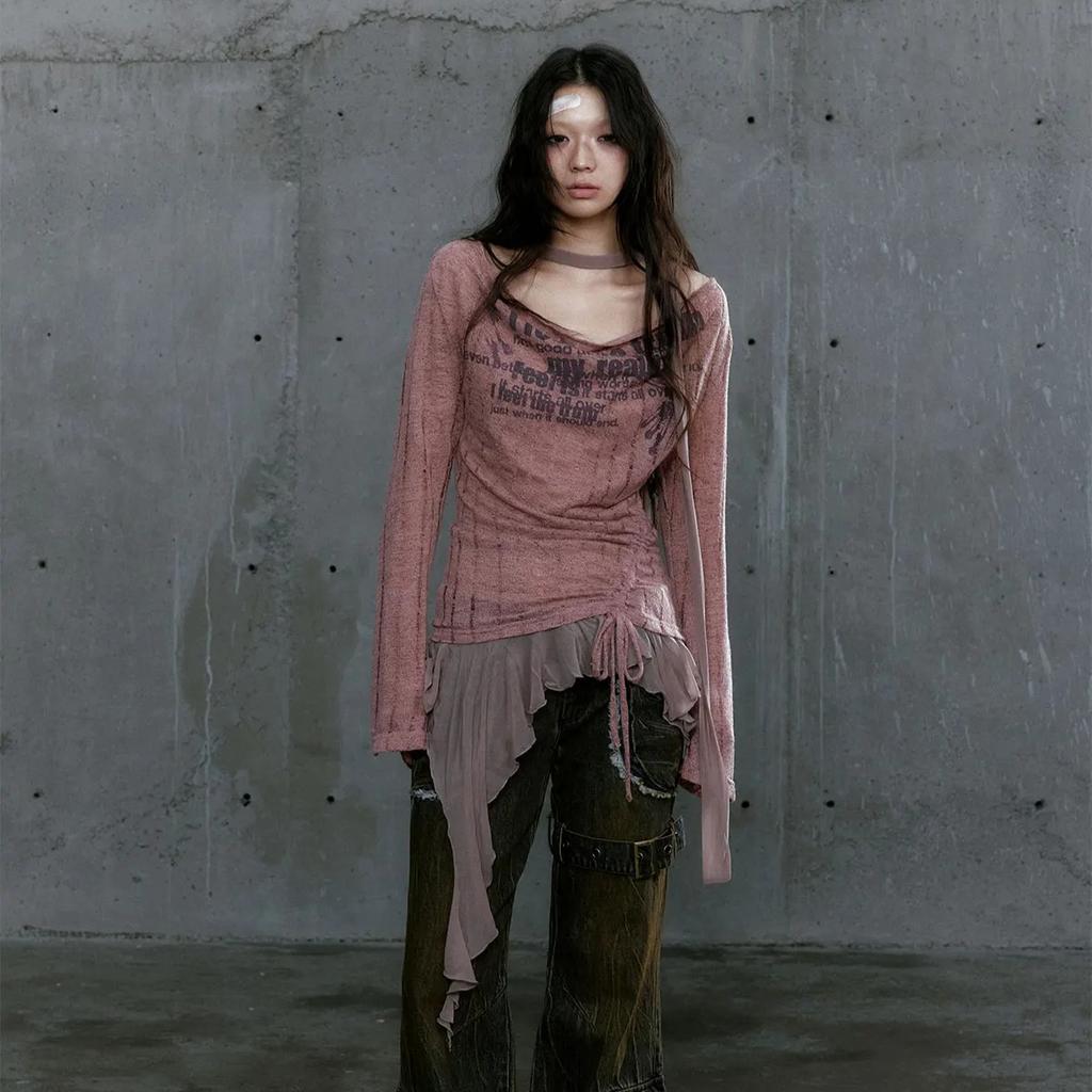 2KWEIRD Grunge Aesthetics Knitted Tops Trashy Y2k Graffiti Print T-shirt Vintage Punk Irregular Patchwork Knitwear High Street