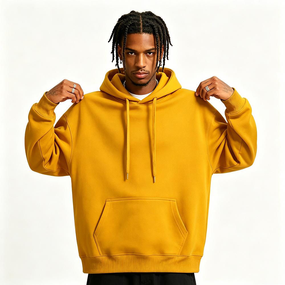 Felpa da uomo casual ampia, colore unito, con coulisse, cappuccio e tasca grande