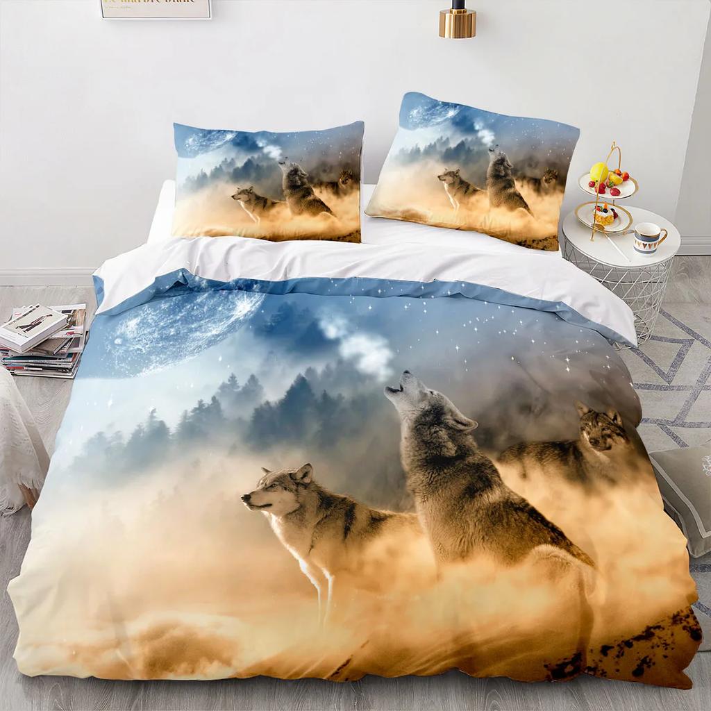 Wolf Duvet Cover King Queen Size Cool One-Eyed Lone Wolf Bedding Set For Teens Adults Wild Animal 2/3Pcs Polyester Quilt Cover