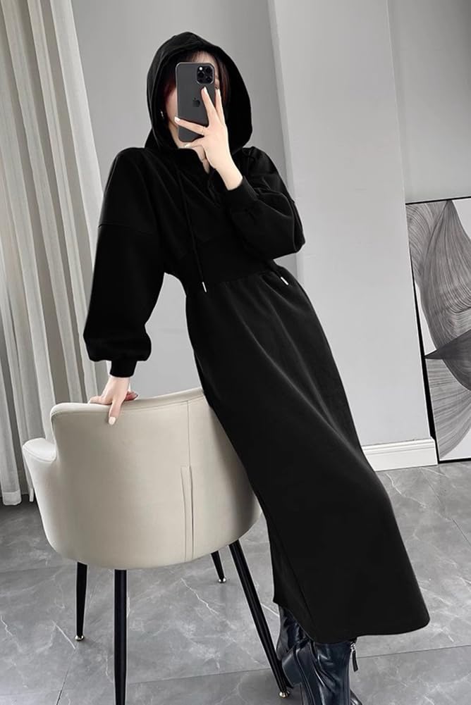 Chubikime Hoodie Long Sleeve Pullover Sweatshirt with Loose Spring Women's Dress, Hood, Fit, A-Line Detail, Slit, Stylish, Elegant, Fall, Winter,