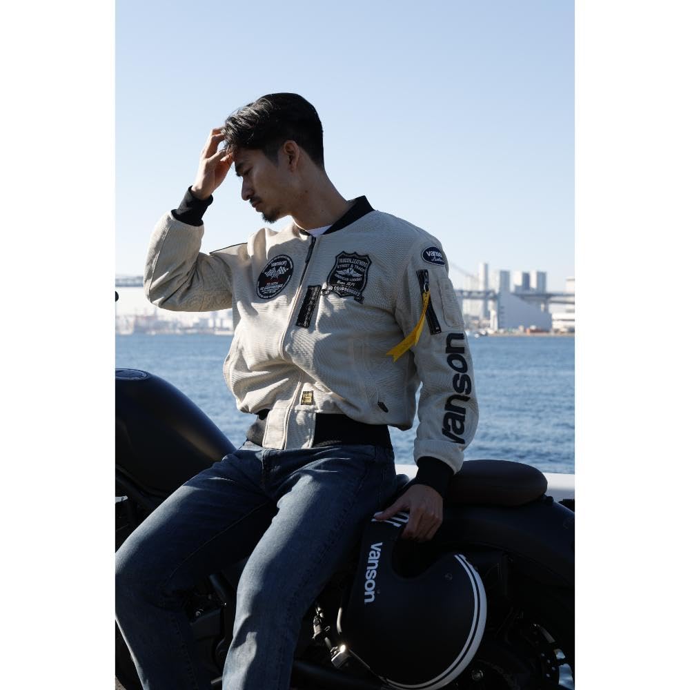 Vanson Men's MA-1 Mesh Jacket, Ivory/Black