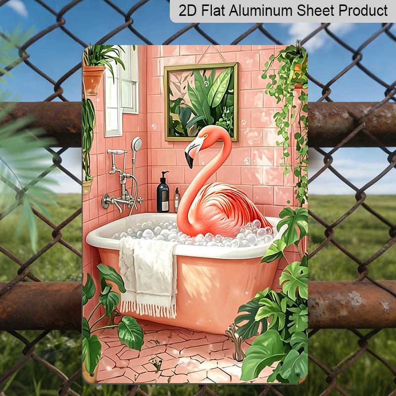 2D Flat, 1pc Pink Flamingo Taking A Bubble Bath Tropical Metal Sign - Bathroom Decor, Tropical-themed Bathroom, Beach House, Summer Home, Tiki Bar or 20*30cm