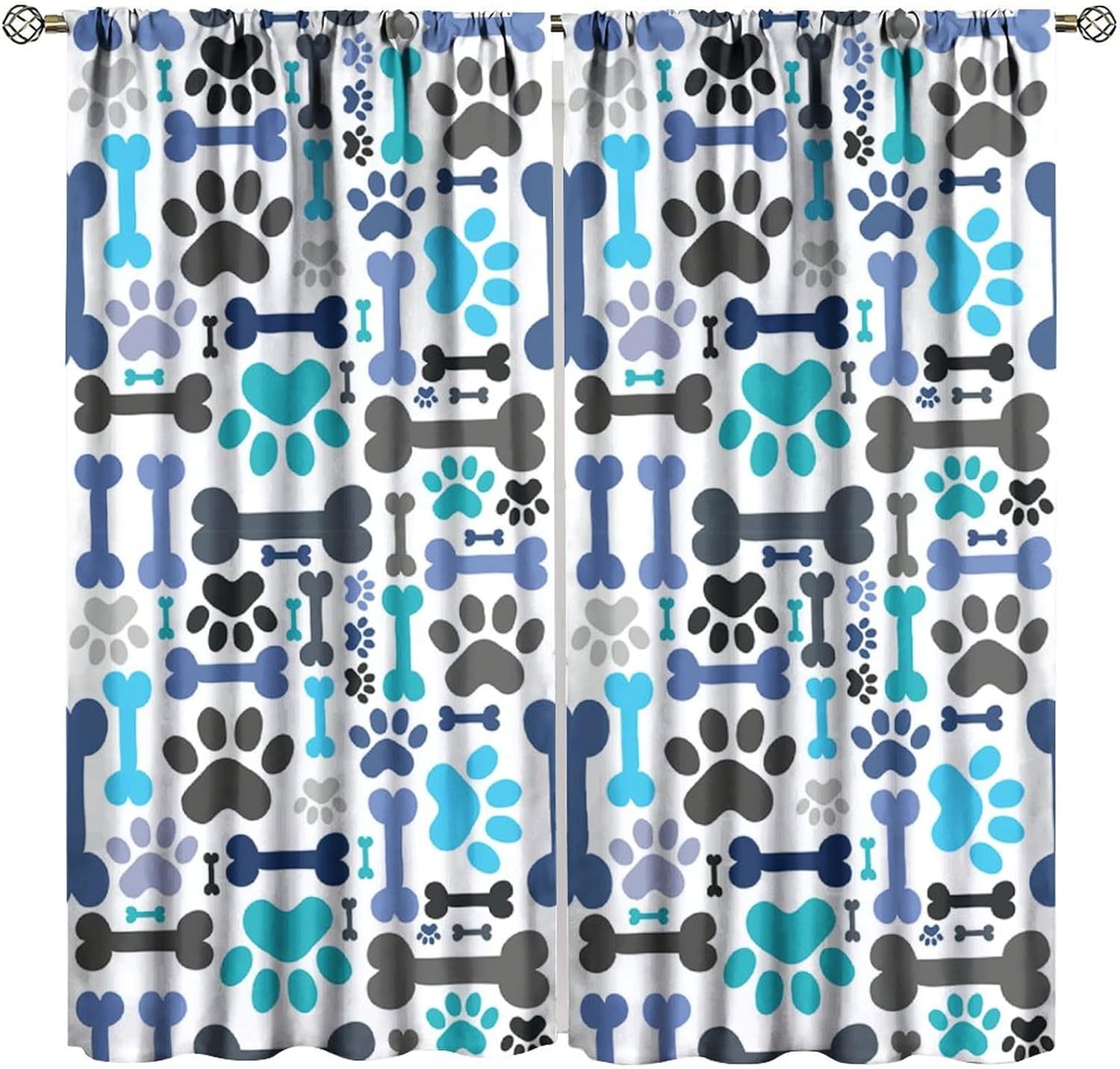 Funny Cartoon Dog Paw Print Window Curta,Cute Colorful Cartoon Dog Paw Print Bones Dog Lover Print Window Drapes For Bedroom 53x116CM-2PC