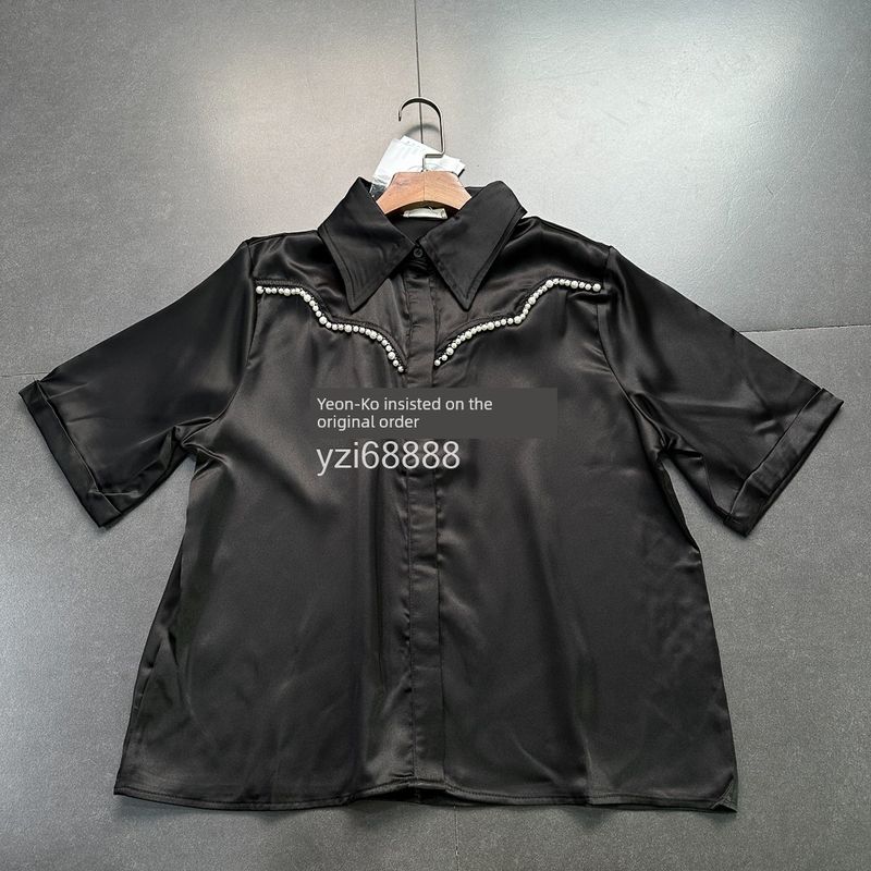 

Export Pure Original Smooth Material Imitation Acetate Texture Lapel Shirt Tops Exquisite Commute Style Minimalist Short Sleeve Shirt Black Beaded Shirt S